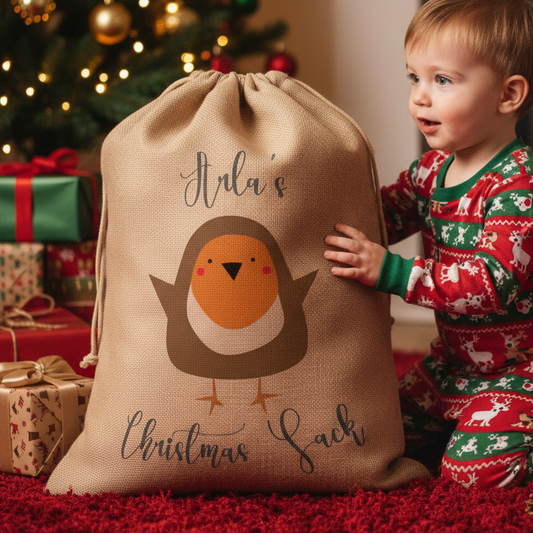Personalised Christmas Sack – Cute Robin Design – Custom Name Gift Bag