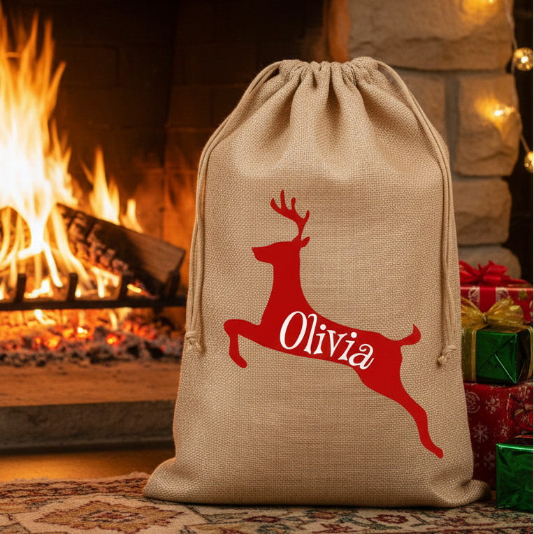 Personalised Christmas Sack – Reindeer Design – Custom Name Gift Bag