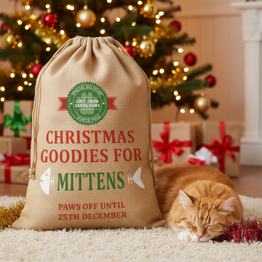 Personalised Cat Christmas Sack – ‘Paws Off’ Design – Custom Name Gift Bag