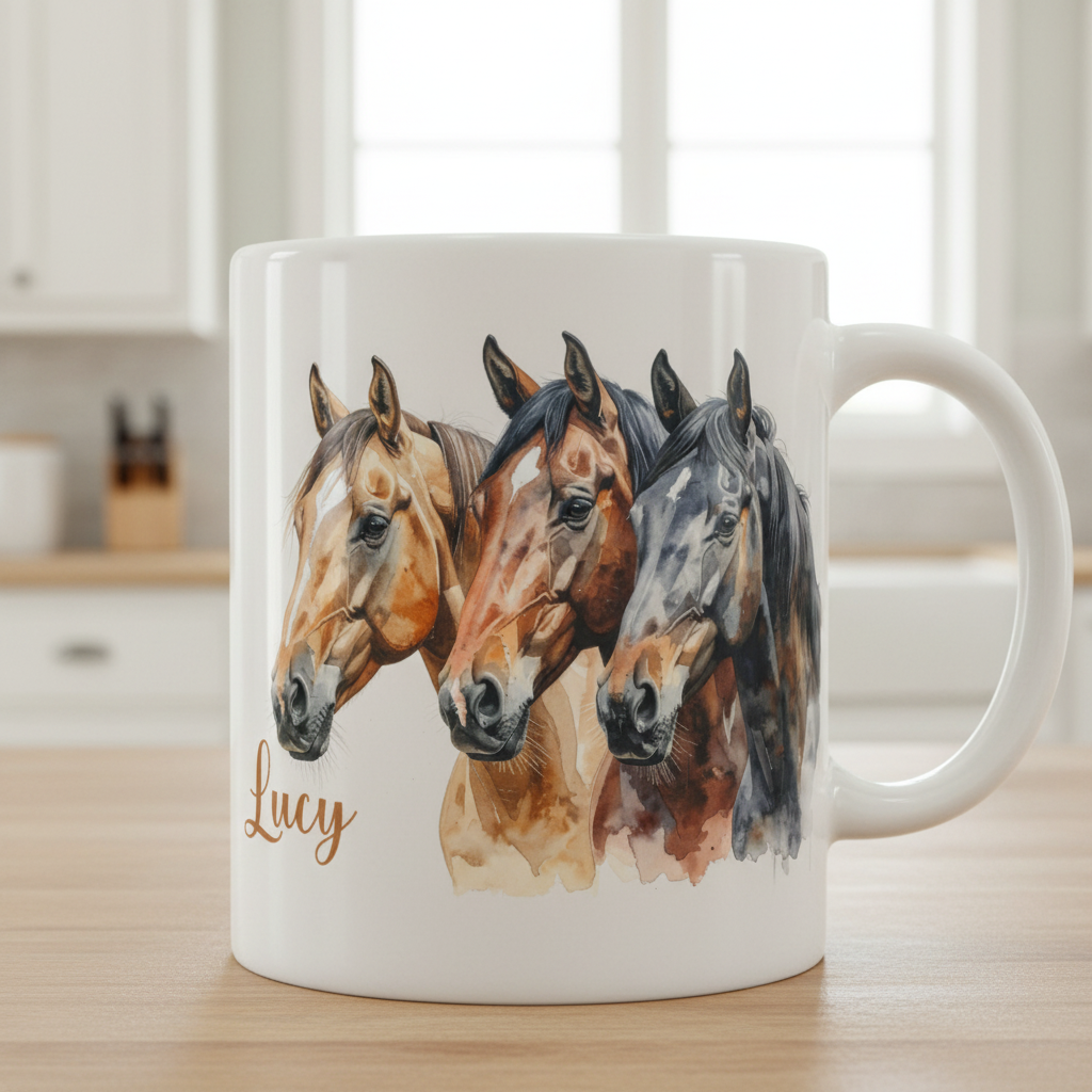 Personalised Watercolour Horse Mug | Custom Horse Gift | Equestrian Coffee Cup with Optional Matching Coaster