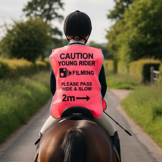 High Visibility Hi Vis Equestrian Reflective Vest Tabard Waistcoat CAUTION YOUNG RIDER, FILMING, 2M hi-viz