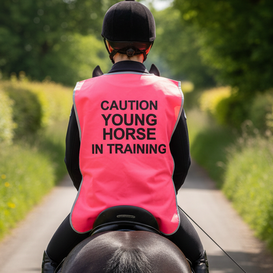 High Visibility Hi Vis Equestrian Reflective Vest Tabard Waistcoat CAUTION YOUNG HORSE IN TRAINING hi-viz