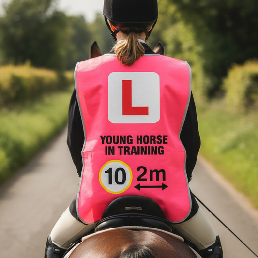 High Visibility Hi Vis Equestrian Reflective Vest Tabard Waistcoat L PLATE, YOUNG HORSE, 10MPH 2M