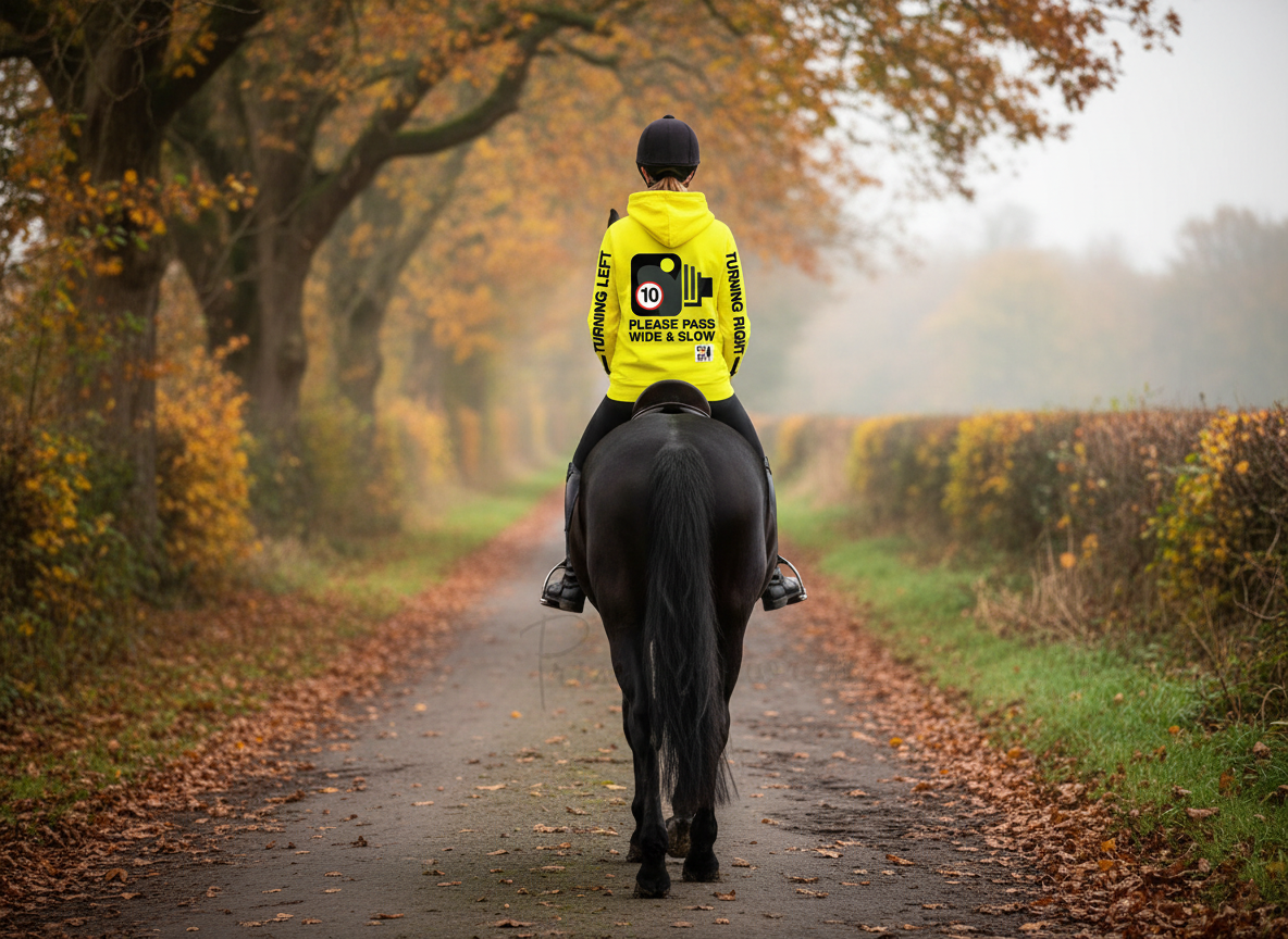 Official PW&S High Visibility Hi Vis Equestrian Neon Electric Hoodie - CAMERA, TURNING LEFT & RIGHT hi-viz