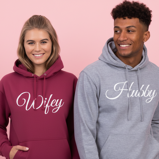 Personalised Hubby & Wifey Couple Hoodies – Matching His & Hers Sweatshirts x2