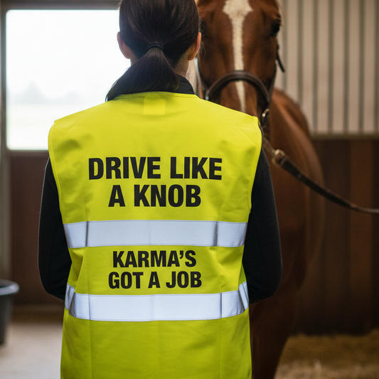 High Visibility Hi Vis Equestrian Reflective Vest Tabard Waistcoat DRIVE LIKE A KNOB, KARMA'S GOT A JOB