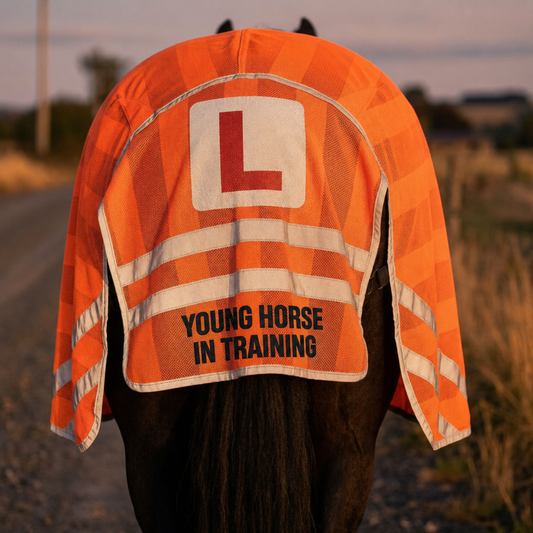 High Visibility Reflective Equestrian Horse Ride-On Mesh Rug – L Plate Young Horse Warning Exercise Sheet