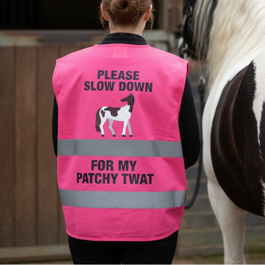 High Visibility Hi Vis Equestrian Reflective Vest Tabard Waistcoat SLOW DOWN FOR MY PATCHY TWAT