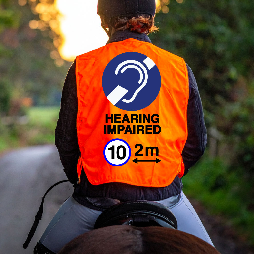 High Visibility Hi Vis Equestrian Reflective Vest Tabard Waistcoat DEAF HEARING IMPAIRED, 10MPH 2M hi-viz