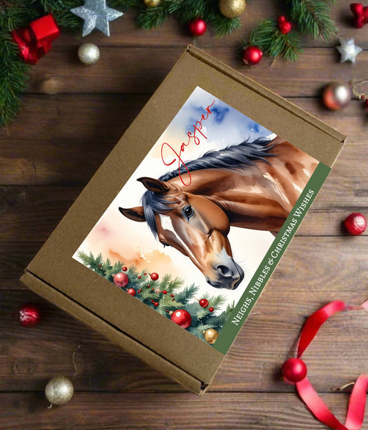 Personalised Christmas Horse Treat Box – Festive Pony Gift with Name