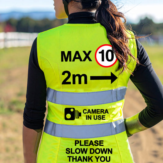 High Visibility Hi Vis Equestrian Reflective Vest Tabard Waistcoat MAX 10MPH, 2M. CAMERA, SLOW DOWN hi-viz