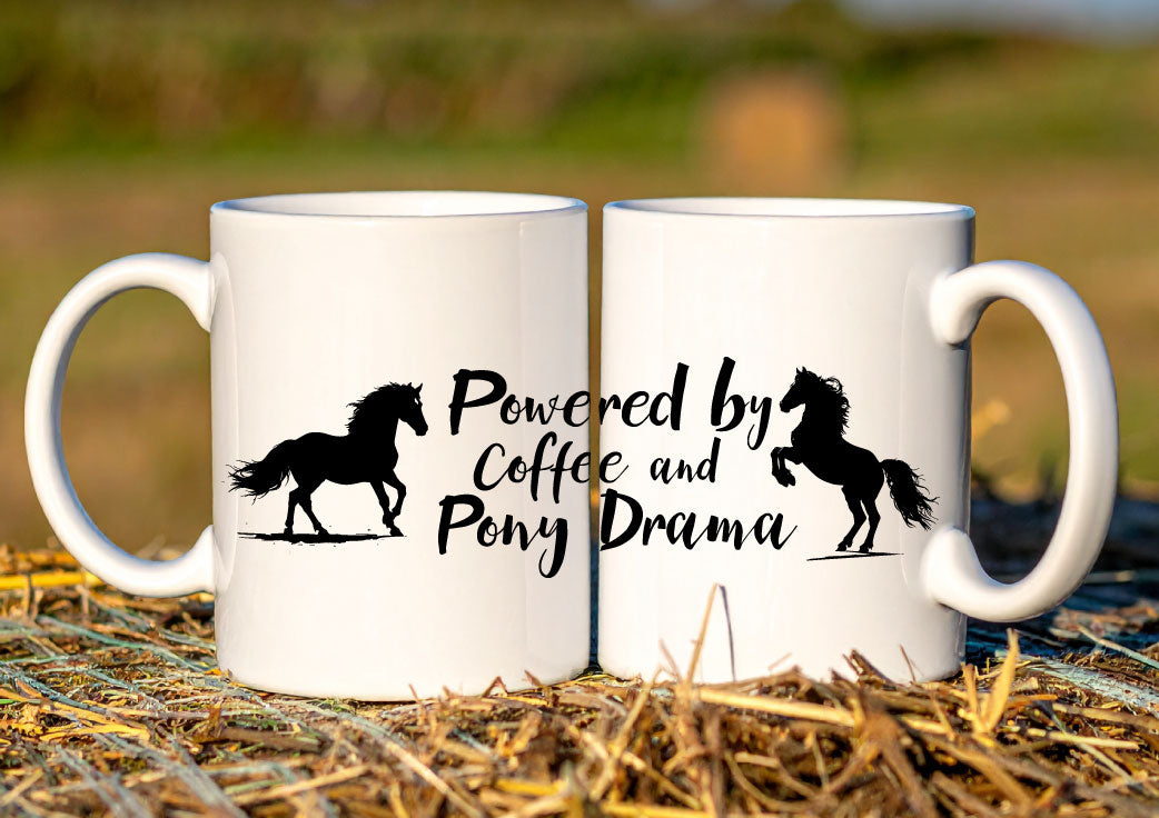 Powered by Coffee and Pony Drama Mug | Funny Horse Rider Gift | Equestrian Coffee Cup
