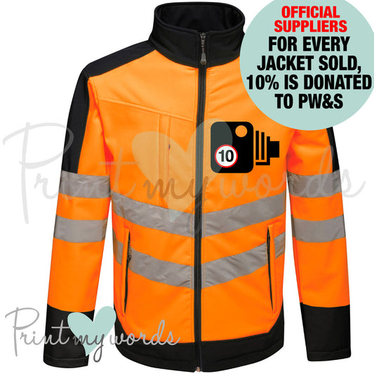 Official PW&S High Visibility Hi Vis Equestrian Reflective Pro Softshell Jacket Coat CAMERA, 10mph, PLEASE PASS WIDE & SLOW