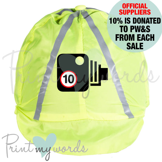 Official PW&S High Visibility Equestrian Reflective Hat Cover With Camera Symbol