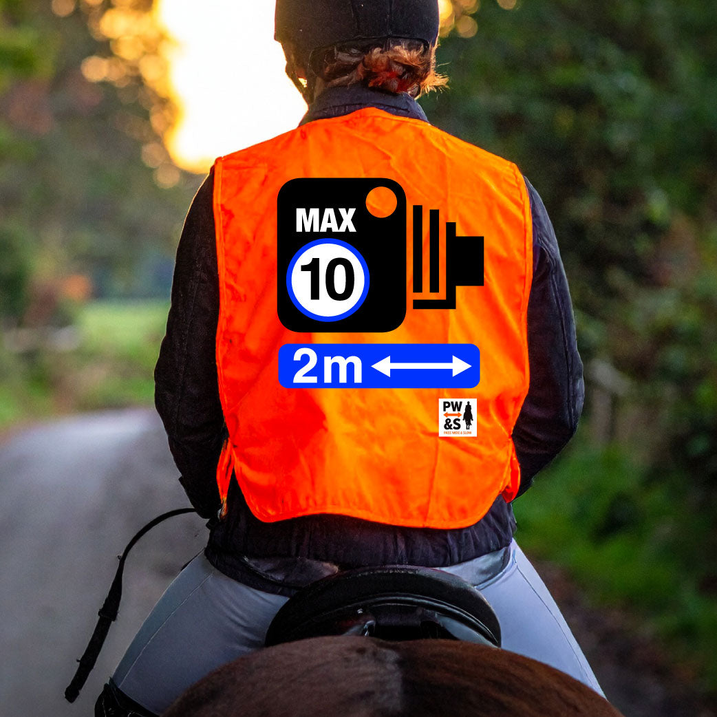 2025 Official PW&S High Visibility Hi Vis Equestrian Reflective Vest Tabard Waistcoat CAMERA, 10mph, PLEASE PASS WIDE & SLOW
