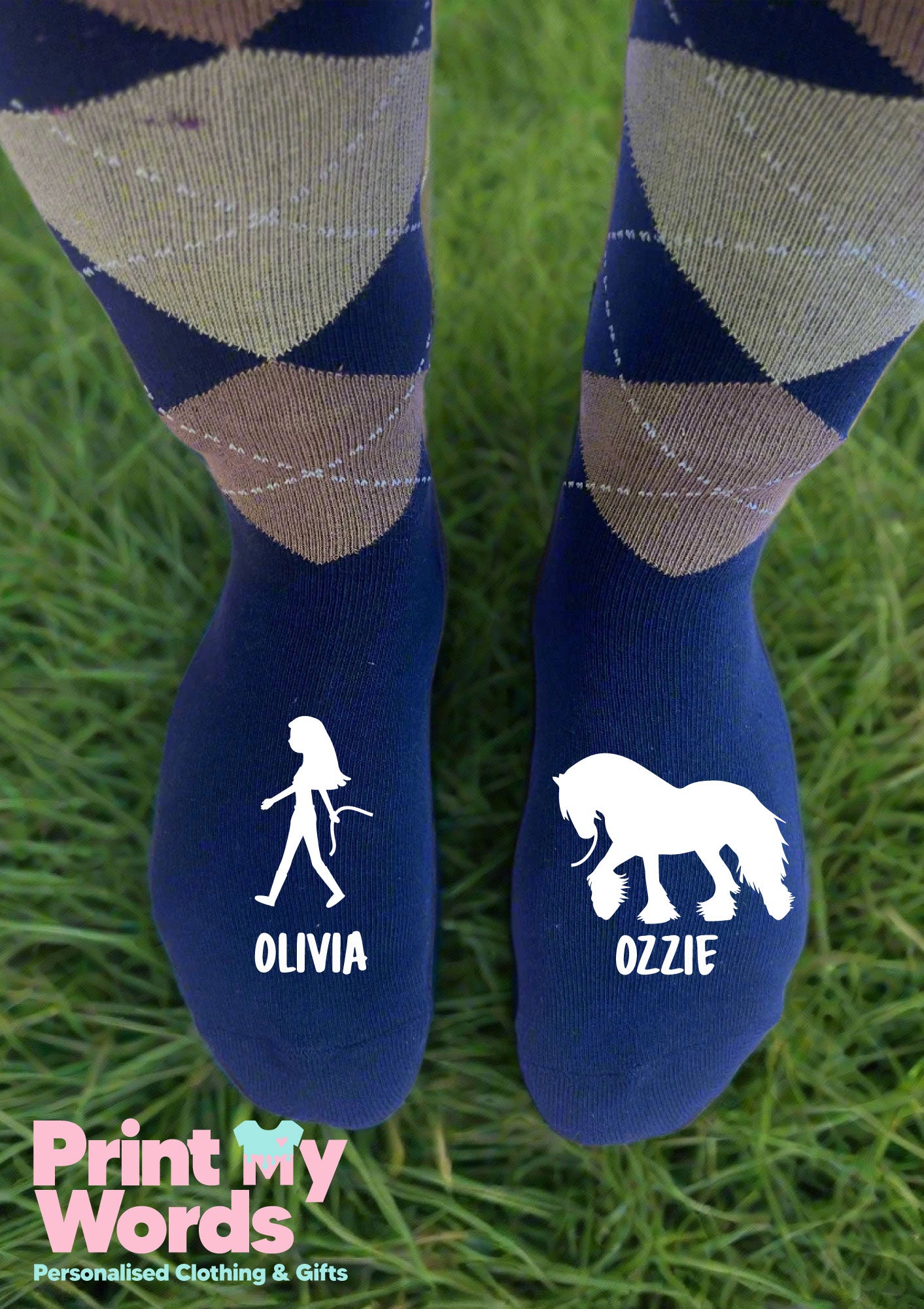 Horse And Owner Rider Personalised Equestrian Riding Socks Argyle Knee High