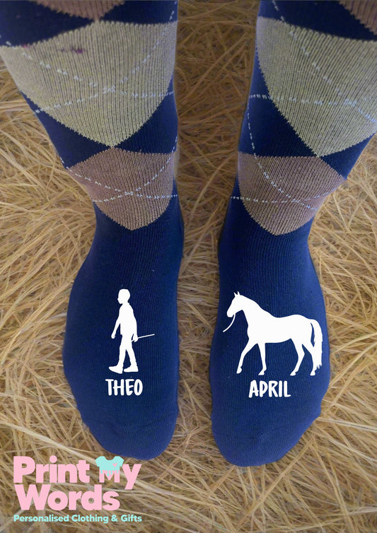 Horse And Owner Rider Personalised Equestrian Riding Socks Argyle Knee High