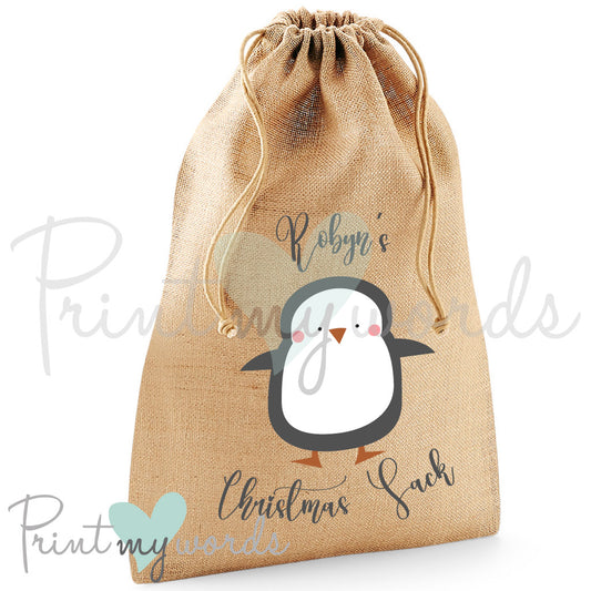 Personalised Christmas Sack – Cute Penguin Design – Custom Name Gift Bag