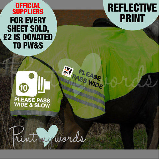 Official PW&S REFLECTIVE PRINT High Visibility Hi Vis Equestrian Horse Reflective 3/4 Length Cutaway Ride-On Rug - CAMERA, 10mph, PLEASE PASS WIDE & SLOW