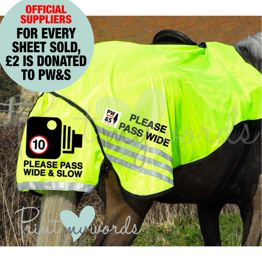 Official PW&S High Visibility Hi Vis Equestrian Horse Reflective 3/4 Length Cutaway Ride-On Rug - CAMERA, 10mph, PLEASE PASS WIDE & SLOW