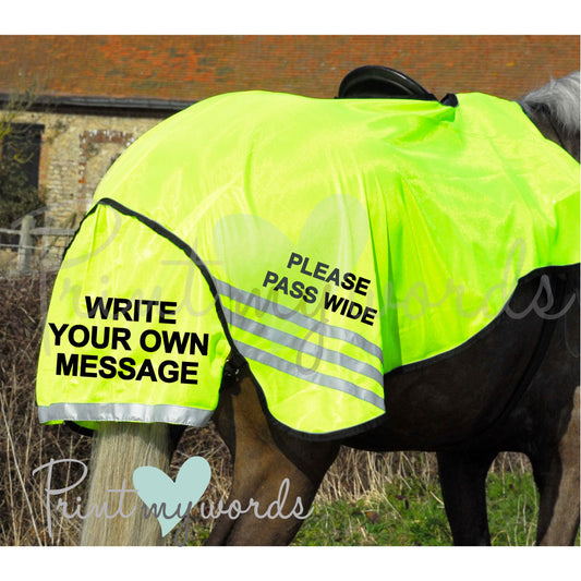 High Visibility Hi Vis Equestrian Horse Reflective 3/4 Length Cutaway Ride-On Rug - Write Your Own Message