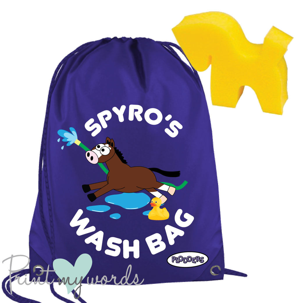 Personalised Equestrian Drawstring Wash Bag - Plodders Water Design