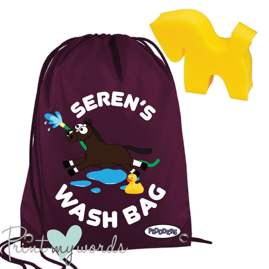 Personalised Equestrian Drawstring Wash Bag - Plodders Water Design
