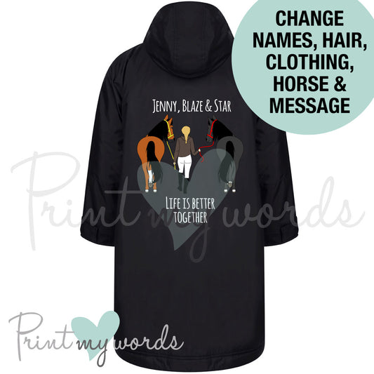 Personalised All-Weather Robe Equestrian Long Coat - Better Together (2 Horses) Design
