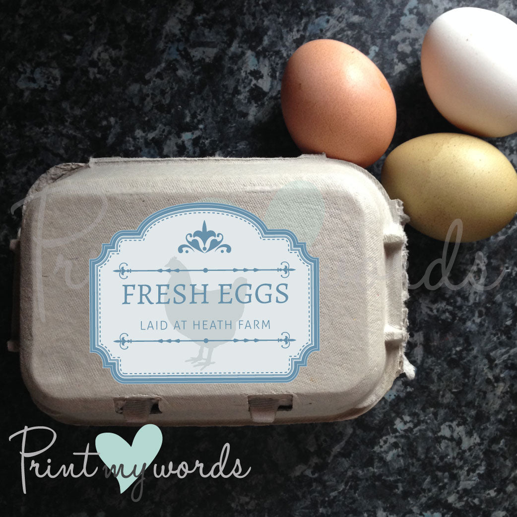 Personalised Vintage Blue Egg Box Labels – Fresh Eggs, Laid at Your Location