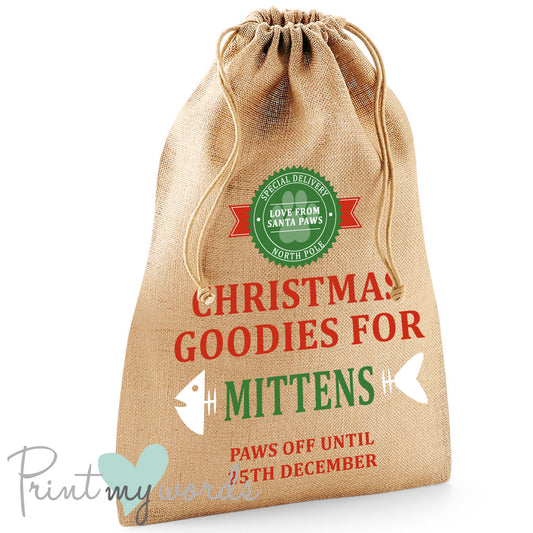 Personalised Cat Christmas Sack – ‘Paws Off’ Design – Custom Name Gift Bag
