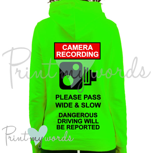 High Visibility Hi Vis Equestrian Neon Electric Hoodie - CAMERA RECORDING, PASS WIDE & SLOW, DANGEROUS DRIVING hi-viz