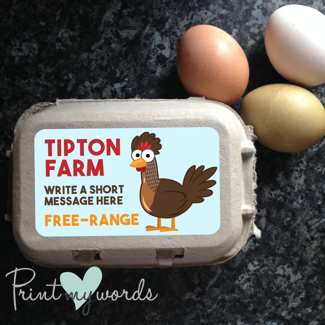 Personalised Cartoon Chicken Egg Box Labels – Custom Farm Name & Message