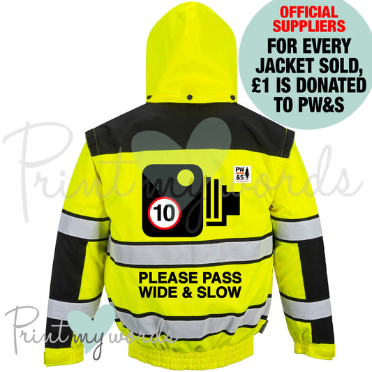 Official PW&S High Visibility Hi Vis Equestrian Reflective Bomber Jacket Coat Waistcoat CAMERA, 10mph, PLEASE PASS WIDE & SLOW
