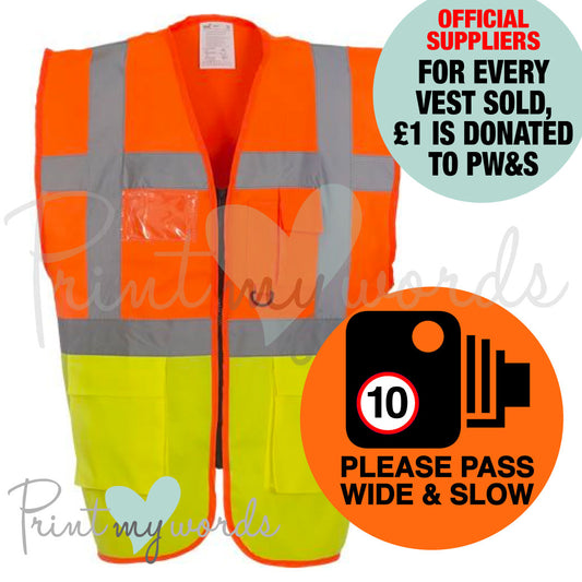 Official PW&S High Visibility Hi Vis Equestrian Reflective Zip-Up Waistcoat CAMERA, 10mph, PLEASE PASS WIDE & SLOW