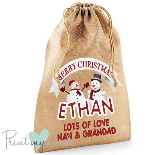 Personalised Christmas Sack - Snowmen, Custom Name Gift Bag stocking