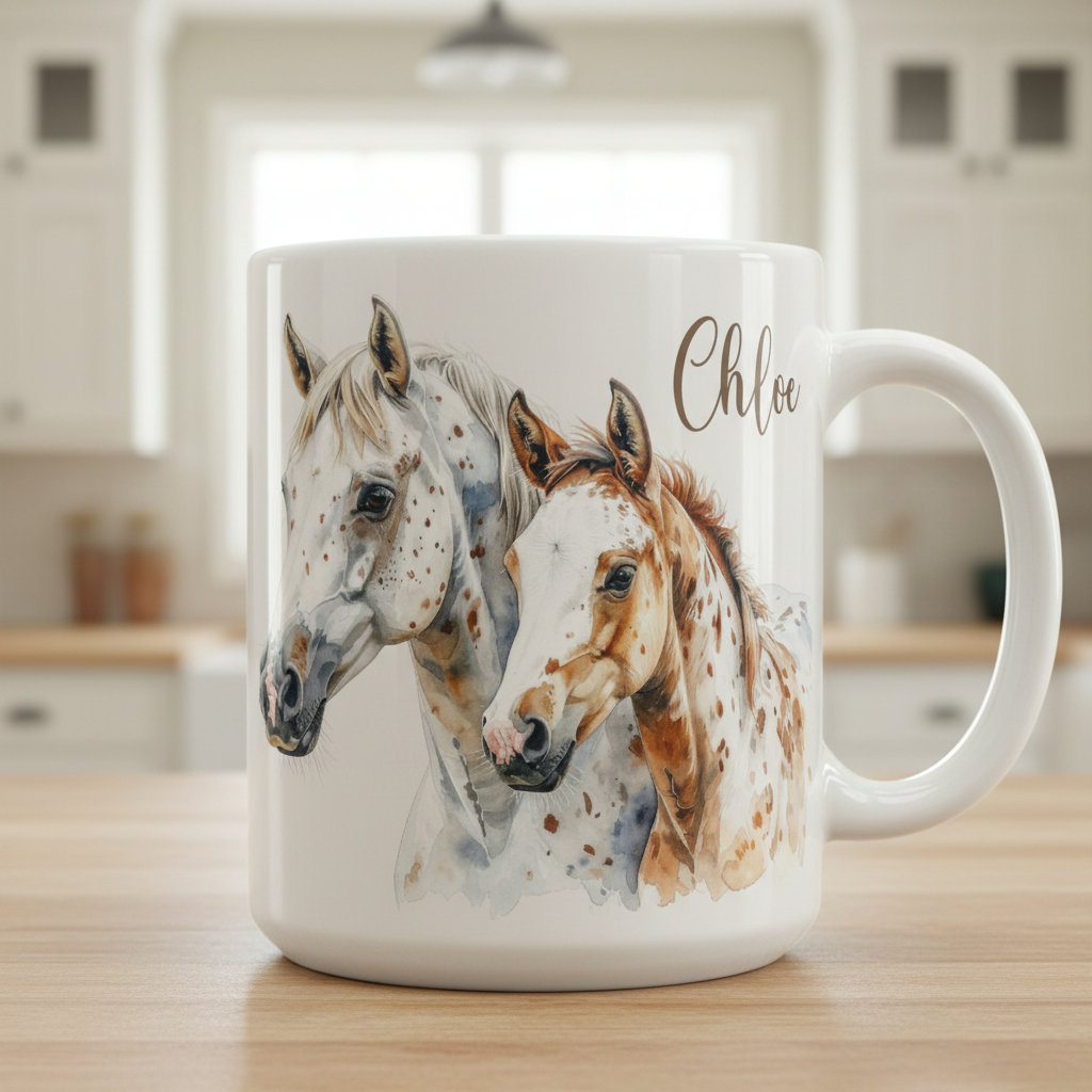 Personalised Watercolour Horse Mug | Custom Horse Gift | Equestrian Coffee Cup with Optional Matching Coaster
