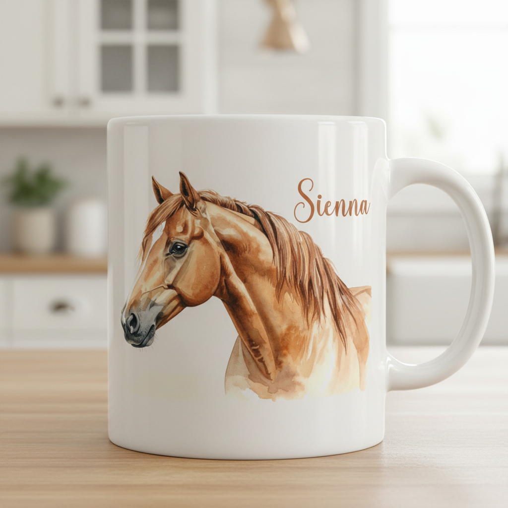Personalised Watercolour Horse Mug | Custom Horse Gift | Equestrian Coffee Cup with Optional Matching Coaster