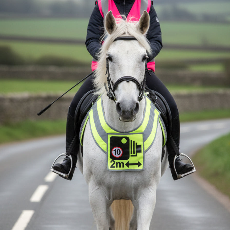 PRE ORDER - SQUARE Official PW&S High Visibility Equestrian Reflective Horse Breastplate With Camera Symbol and 2m Distance