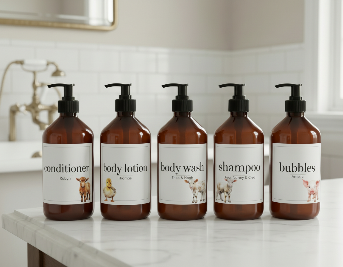 Refillable Amber Plastic Bottle With White Waterproof Label And Black Pump - Kids Personalised Bathroom Accessories Baby Farmyard Animals