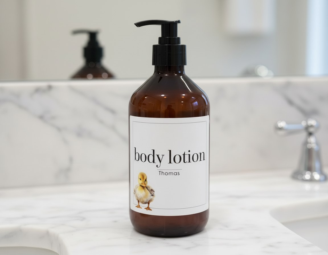 Refillable Amber Plastic Bottle With White Waterproof Label And Black Pump - Kids Personalised Bathroom Accessories Baby Farmyard Animals