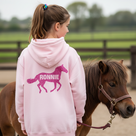 Personalised Glitter Equestrian Hoodie – Cantering Horse Design Custom Hoodie