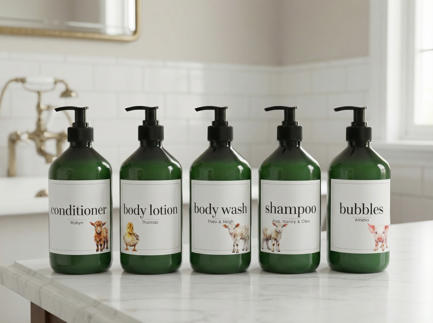 Refillable Green Plastic Bottle With White Waterproof Label And Black Pump - Kids Personalised Bathroom Accessories Baby Farmyard Animals