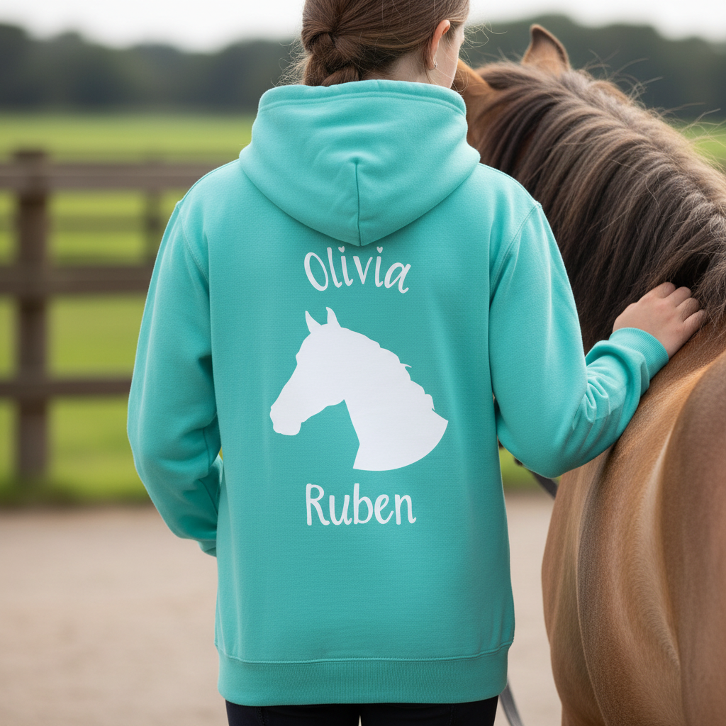 Personalised Horse Hoodie – Horse Head Silhouette with Horse & Rider Name