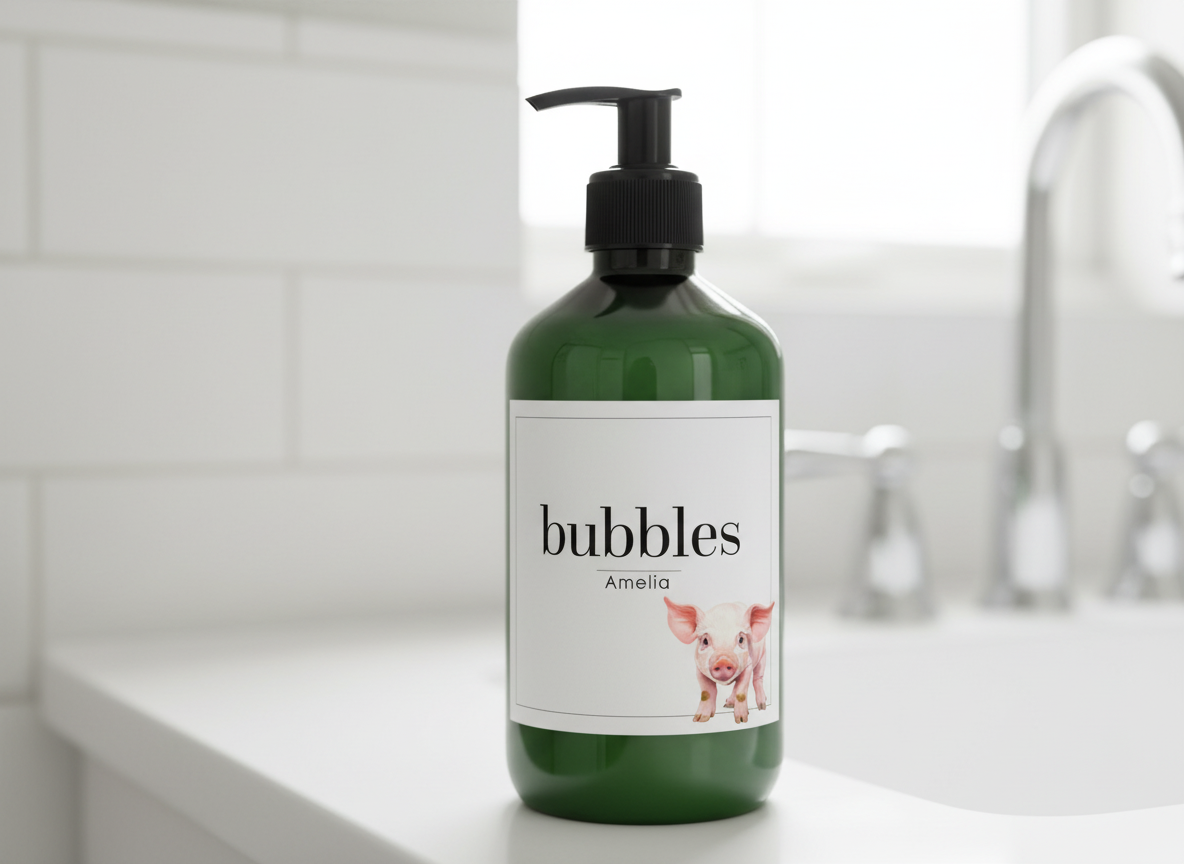 Refillable Green Plastic Bottle With White Waterproof Label And Black Pump - Kids Personalised Bathroom Accessories Baby Farmyard Animals