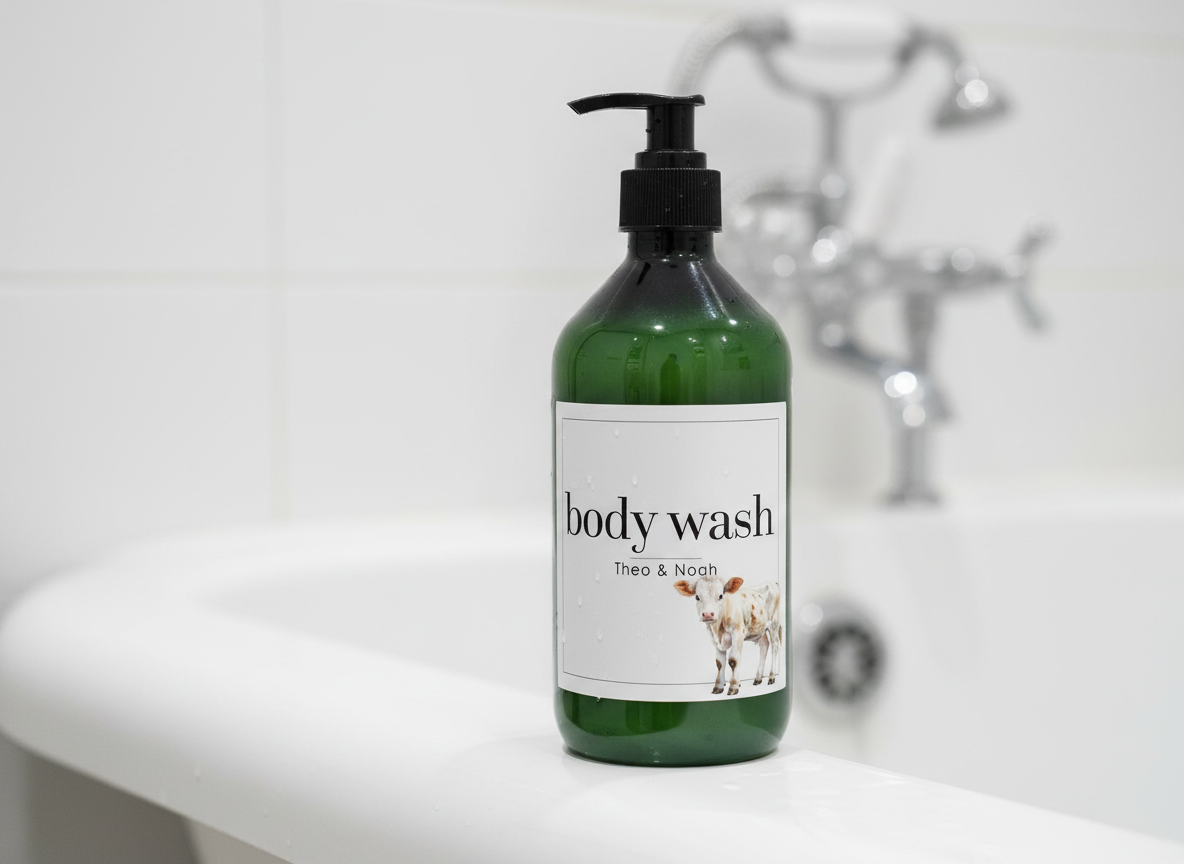 Refillable Green Plastic Bottle With White Waterproof Label And Black Pump - Kids Personalised Bathroom Accessories Baby Farmyard Animals