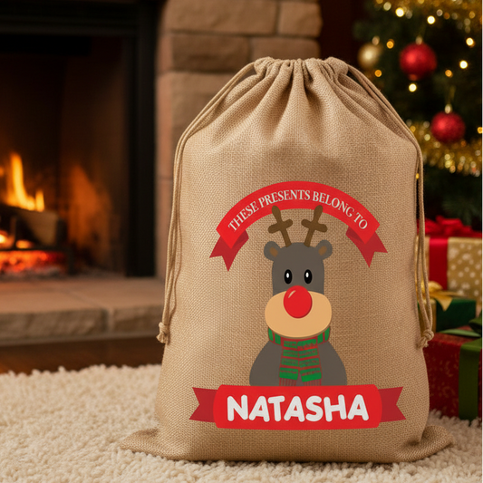 Personalised Christmas Sack – Rudolph Design – Custom Name Gift Bag