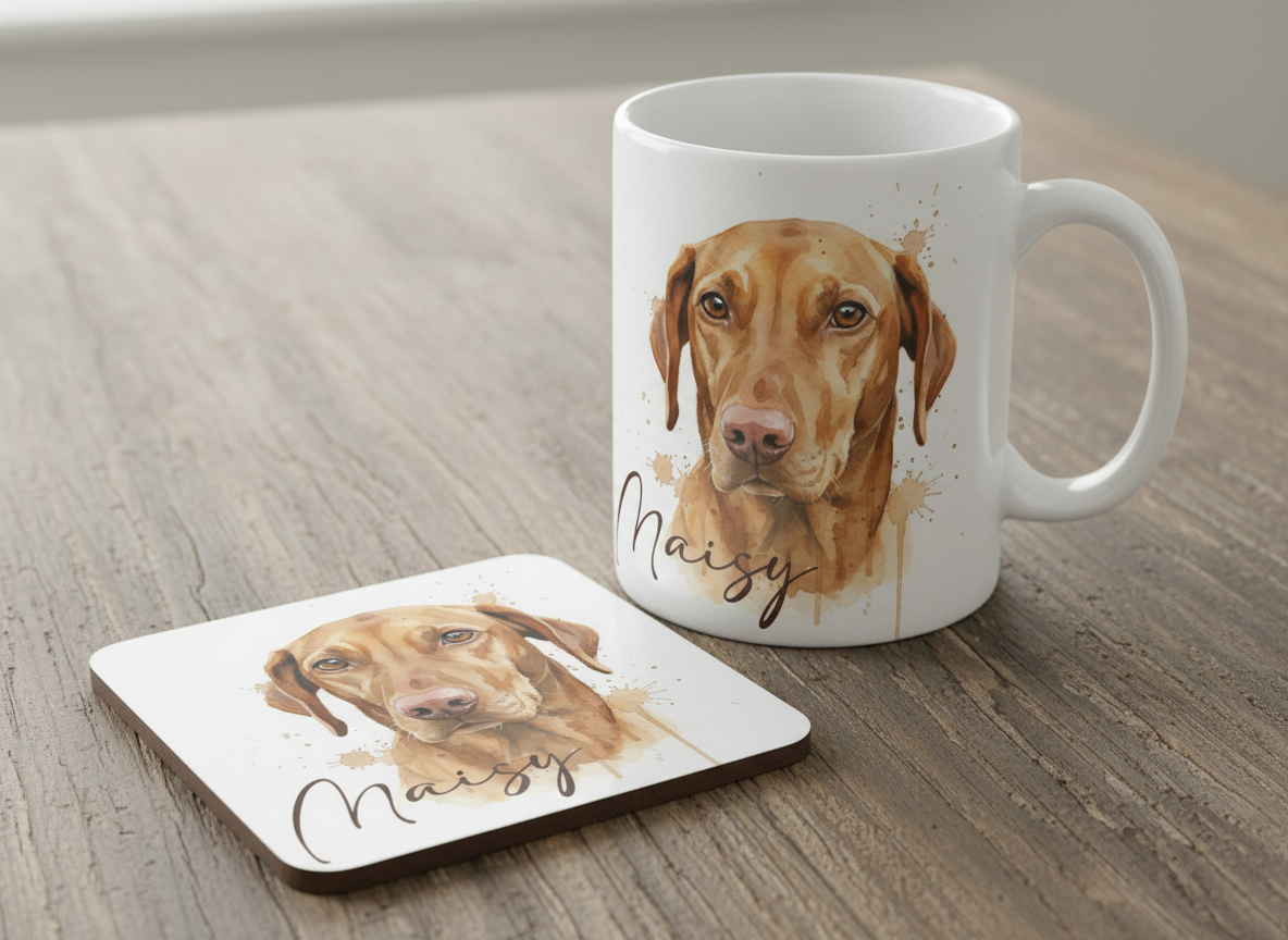 Custom Dog Watercolour Coaster & Mug Set - Personalised Pet Portrait with Name – Ideal Gift for Dog Lovers