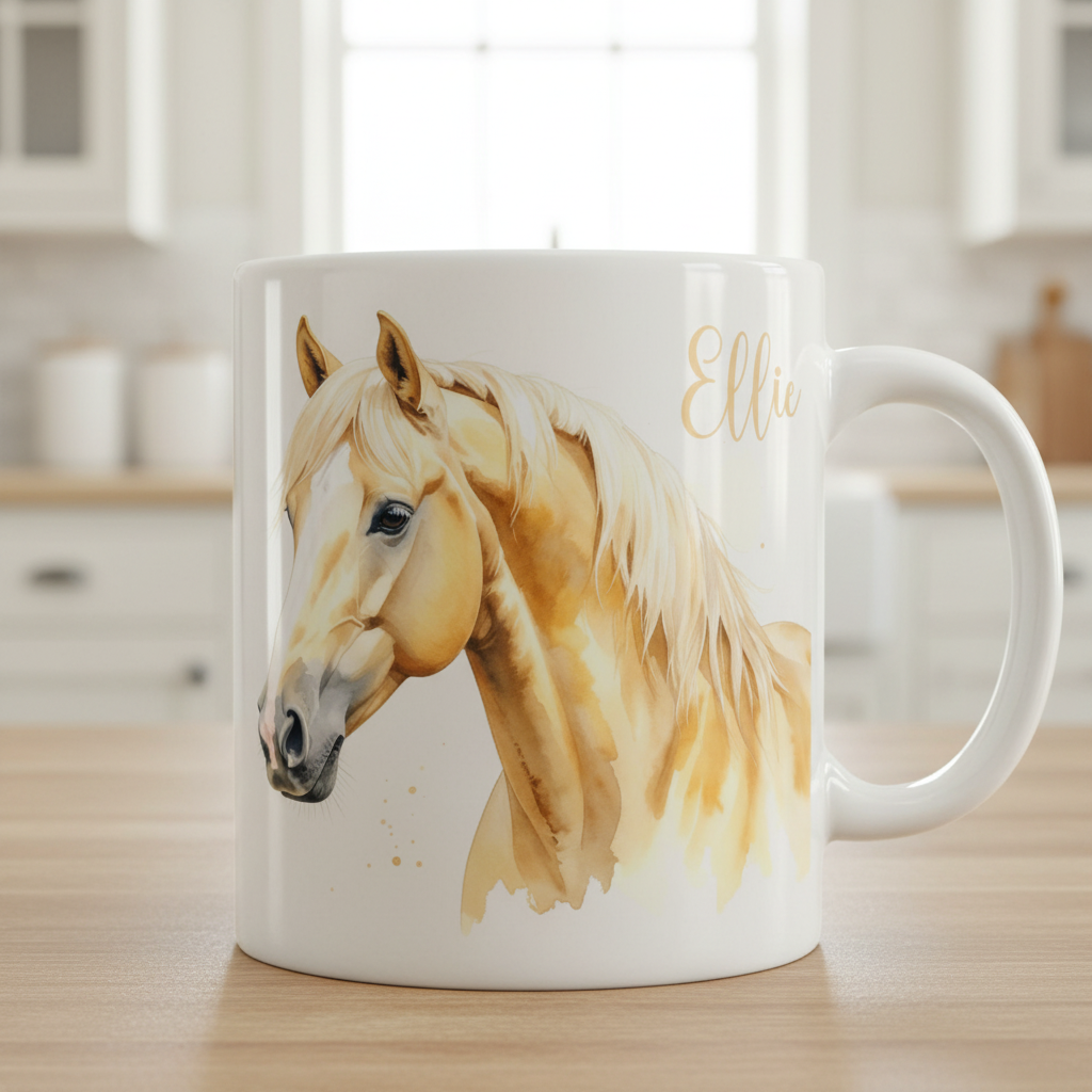 Personalised Watercolour Horse Mug | Custom Horse Gift | Equestrian Coffee Cup with Optional Matching Coaster