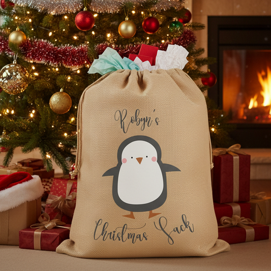 Personalised Christmas Sack – Cute Penguin Design – Custom Name Gift Bag