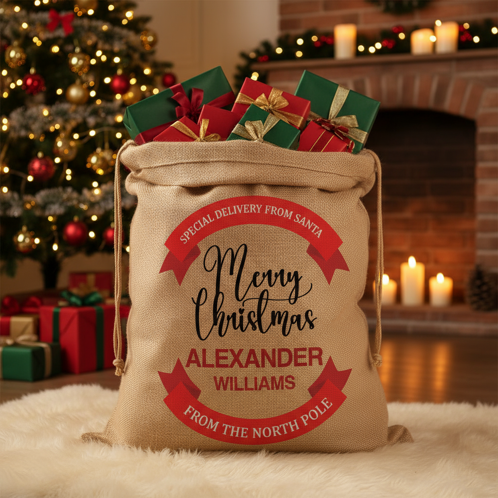Personalised Christmas Sack – ‘Special Delivery North Pole’ Design – Custom Name Gift Bag